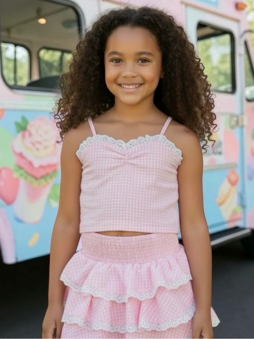 Flowers By Zoe Pink & White Gingham Tiered Ruffle Set size XL (10-12)